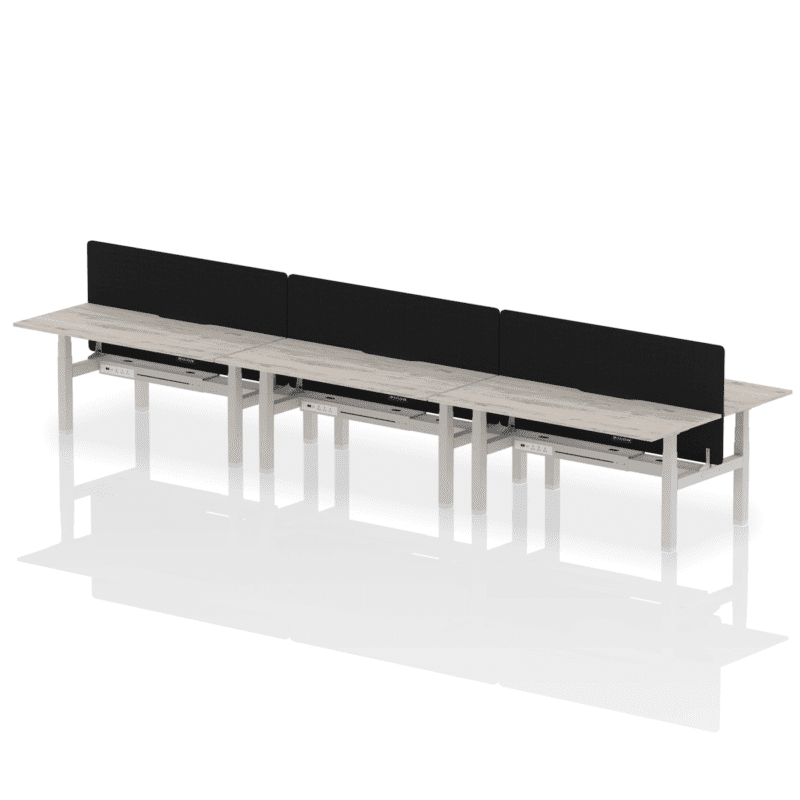 Air Back-to-Back Scalloped Edge Height Adjustable Bench Desk - 6 Person with Black Straight Screen - Image 59