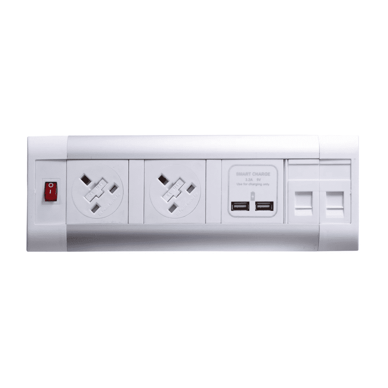Impulse Desktop Module 2 x 5A UK Sockets, 1 x Neon Switch, 1 x 500mm Lead to 3 Pole Connector in White - Image 2