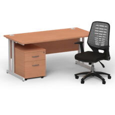 Impulse 1600mm Cantilever Straight Desk With Mobile Pedestal and Relay Silver Back Operator Chair